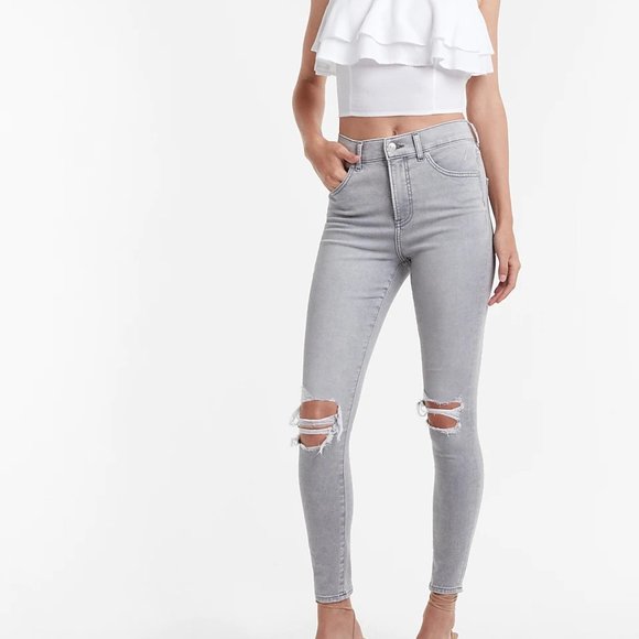 Express High Waisted Gray Ripped Supersoft Skinny Jeans 14L NWOT